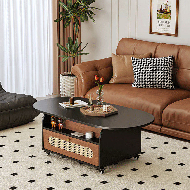 Traditional Vintage Liftable Oval Solid Wood Carbon Steel Metal Glass Plastic Rattan Weaving Movable Coffee Table 1-Drawer For Living Room