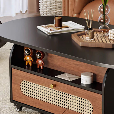 Traditional Vintage Liftable Oval Solid Wood Carbon Steel Metal Glass Plastic Rattan Weaving Movable Coffee Table 1-Drawer For Living Room