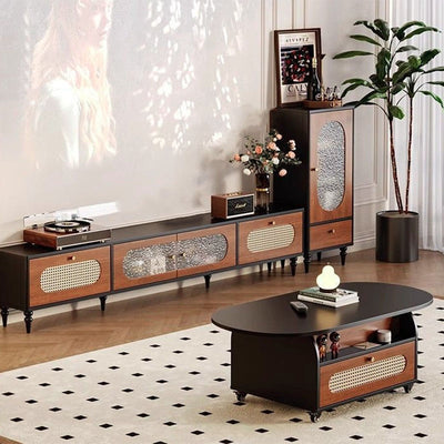 Traditional Vintage Liftable Oval Solid Wood Carbon Steel Metal Glass Plastic Rattan Weaving Movable Coffee Table 1-Drawer For Living Room