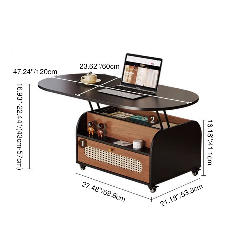 Traditional Vintage Liftable Oval Solid Wood Carbon Steel Metal Glass Plastic Rattan Weaving Movable Coffee Table 1-Drawer For Living Room