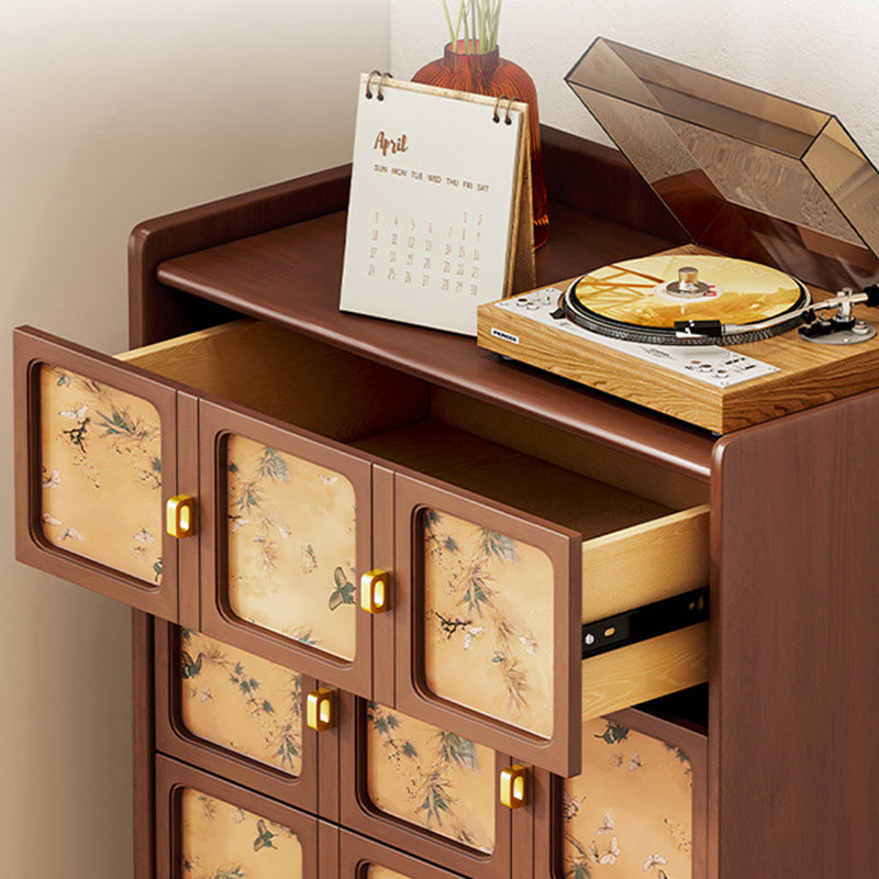 Traditional Chinese Large Capacity Rectangular Pine Wood Boxwood Xiangyun Gauze Stainless Steel Metal Glass Storage Cabinet 3-Drawer For Living Room