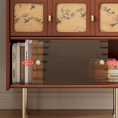Traditional Chinese Large Capacity Rectangular Pine Wood Boxwood Xiangyun Gauze Stainless Steel Metal Glass Storage Cabinet 3-Drawer For Living Room