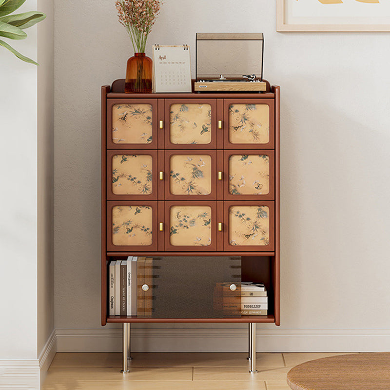Traditional Chinese Large Capacity Rectangular Pine Wood Boxwood Xiangyun Gauze Stainless Steel Metal Glass Storage Cabinet 3-Drawer For Living Room