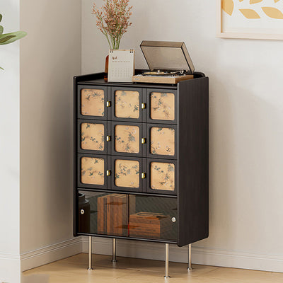 Traditional Chinese Large Capacity Rectangular Pine Wood Boxwood Xiangyun Gauze Stainless Steel Metal Glass Storage Cabinet 3-Drawer For Living Room