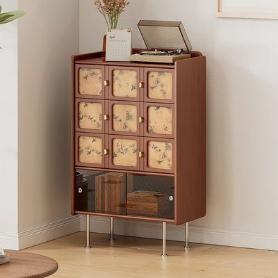 Traditional Chinese Large Capacity Rectangular Pine Wood Boxwood Xiangyun Gauze Stainless Steel Metal Glass Storage Cabinet 3-Drawer For Living Room