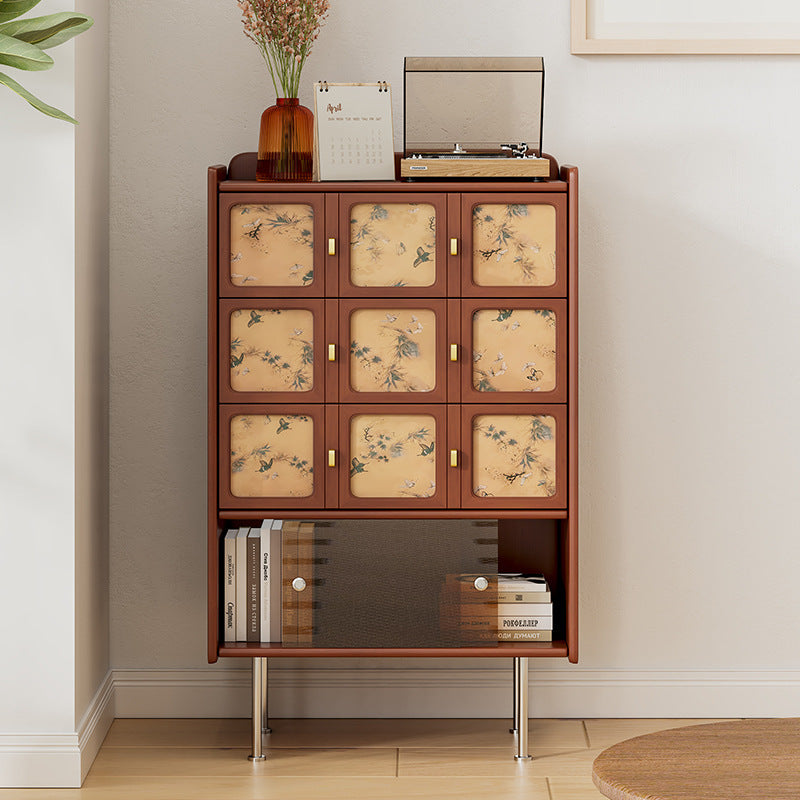 Traditional Chinese Large Capacity Rectangular Pine Wood Boxwood Xiangyun Gauze Stainless Steel Metal Glass Storage Cabinet 3-Drawer For Living Room
