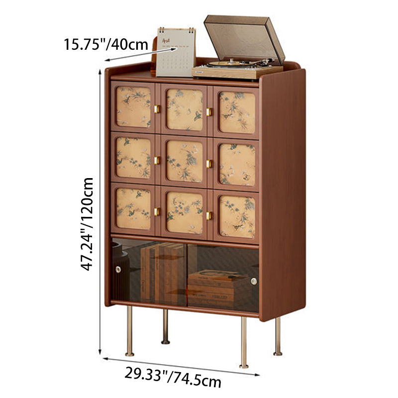 Traditional Chinese Large Capacity Rectangular Pine Wood Boxwood Xiangyun Gauze Stainless Steel Metal Glass Storage Cabinet 3-Drawer For Living Room