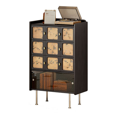 Traditional Chinese Large Capacity Rectangular Pine Wood Boxwood Xiangyun Gauze Stainless Steel Metal Glass Storage Cabinet 3-Drawer For Living Room