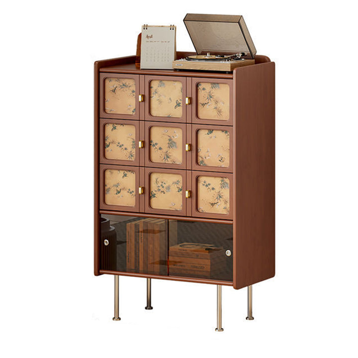 Traditional Chinese Large Capacity Rectangular Pine Wood Boxwood Xiangyun Gauze Stainless Steel Metal Glass Storage Cabinet 3-Drawer For Living Room