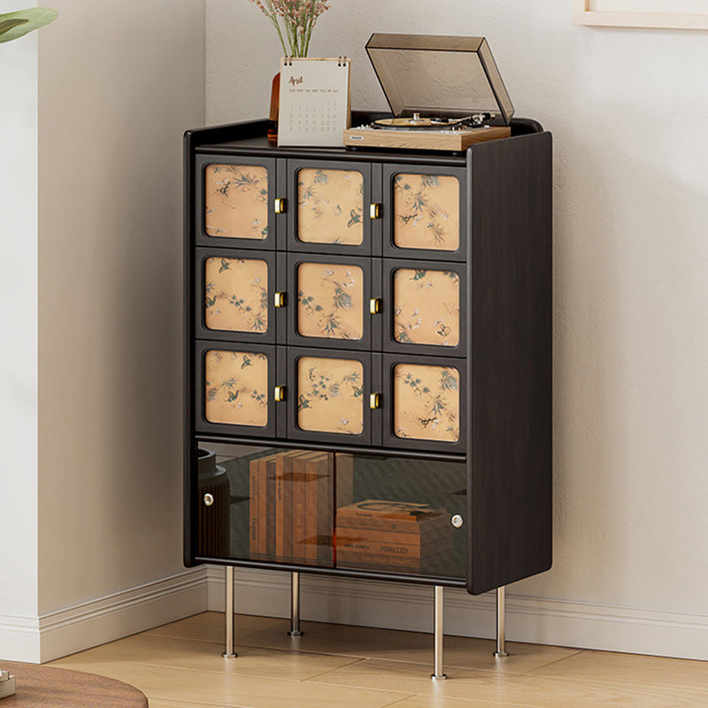 Traditional Chinese Large Capacity Rectangular Pine Wood Boxwood Xiangyun Gauze Stainless Steel Metal Glass Storage Cabinet 3-Drawer For Living Room