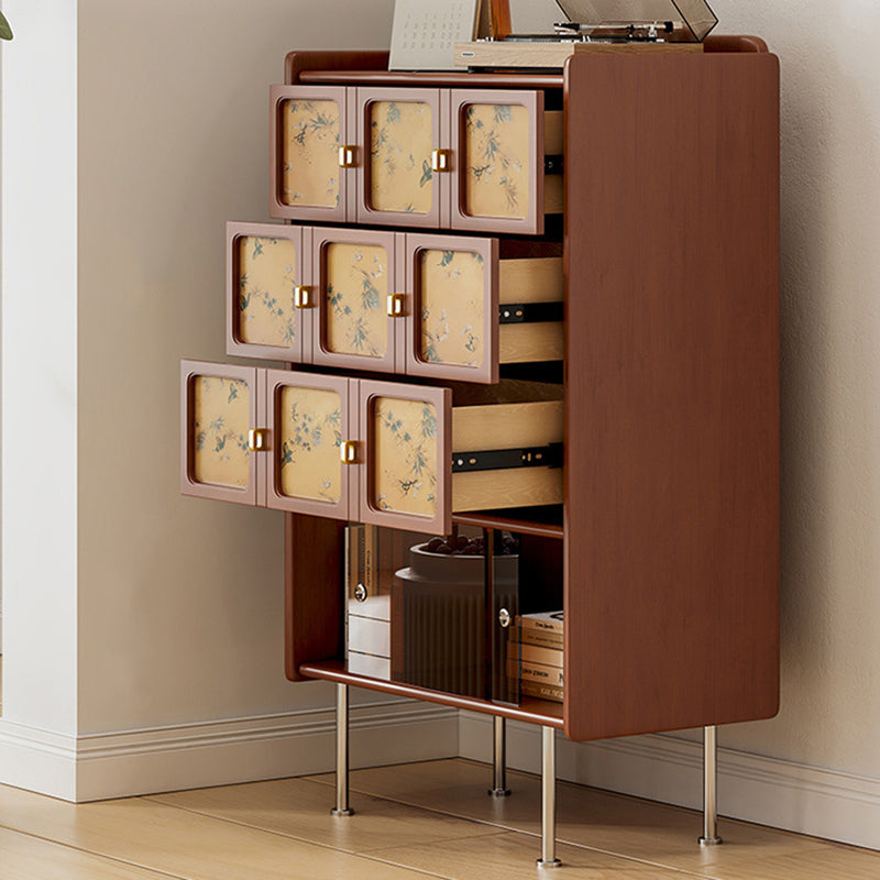 Traditional Chinese Large Capacity Rectangular Pine Wood Boxwood Xiangyun Gauze Stainless Steel Metal Glass Storage Cabinet 3-Drawer For Living Room