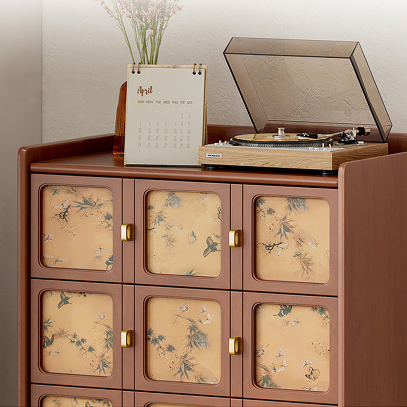Traditional Chinese Large Capacity Rectangular Pine Wood Boxwood Xiangyun Gauze Stainless Steel Metal Glass Storage Cabinet 3-Drawer For Living Room
