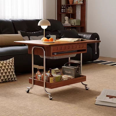 Traditional Vintage Movable Rectangular Solid Wood Rubberwood Stainless Steel Foldable End Table 2-Tier For Living Room