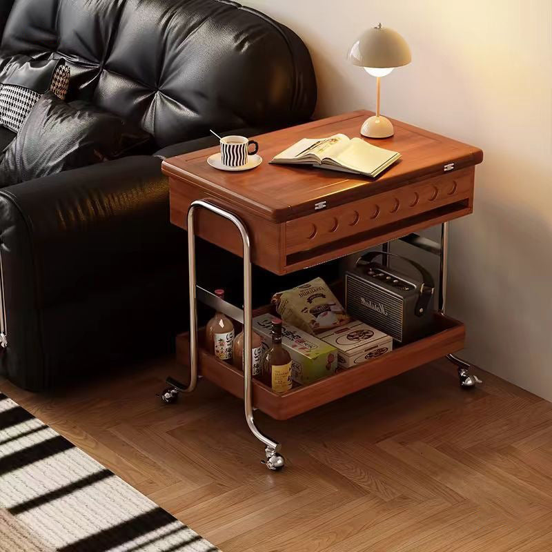 Traditional Vintage Movable Rectangular Solid Wood Rubberwood Stainless Steel Foldable End Table 2-Tier For Living Room