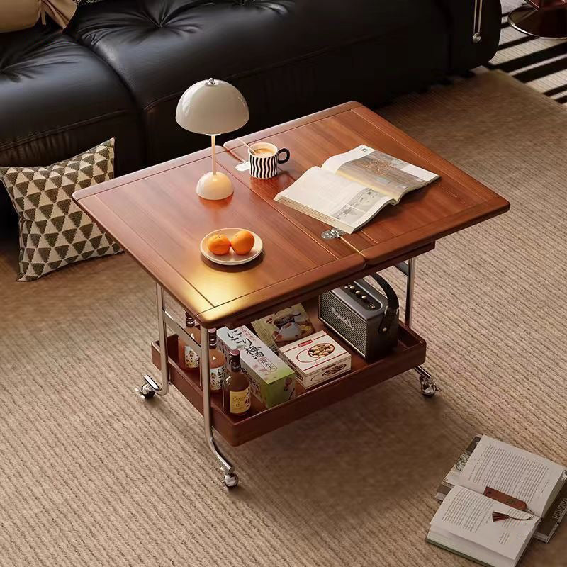 Traditional Vintage Movable Rectangular Solid Wood Rubberwood Stainless Steel Foldable End Table 2-Tier For Living Room