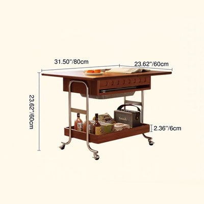 Traditional Vintage Movable Rectangular Solid Wood Rubberwood Stainless Steel Foldable End Table 2-Tier For Living Room