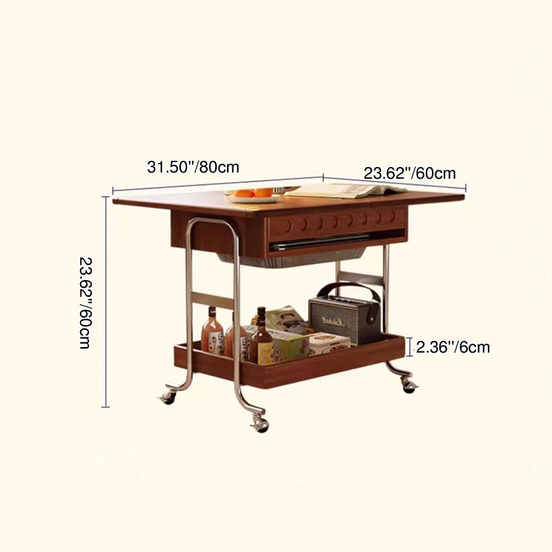 Traditional Vintage Movable Rectangular Solid Wood Rubberwood Stainless Steel Foldable End Table 2-Tier For Living Room