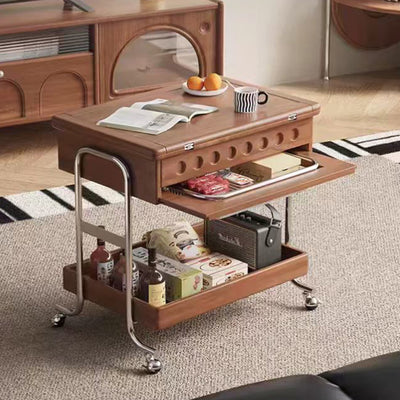 Traditional Vintage Movable Rectangular Solid Wood Rubberwood Stainless Steel Foldable End Table 2-Tier For Living Room