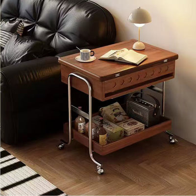 Traditional Vintage Movable Rectangular Solid Wood Rubberwood Stainless Steel Foldable End Table 2-Tier For Living Room