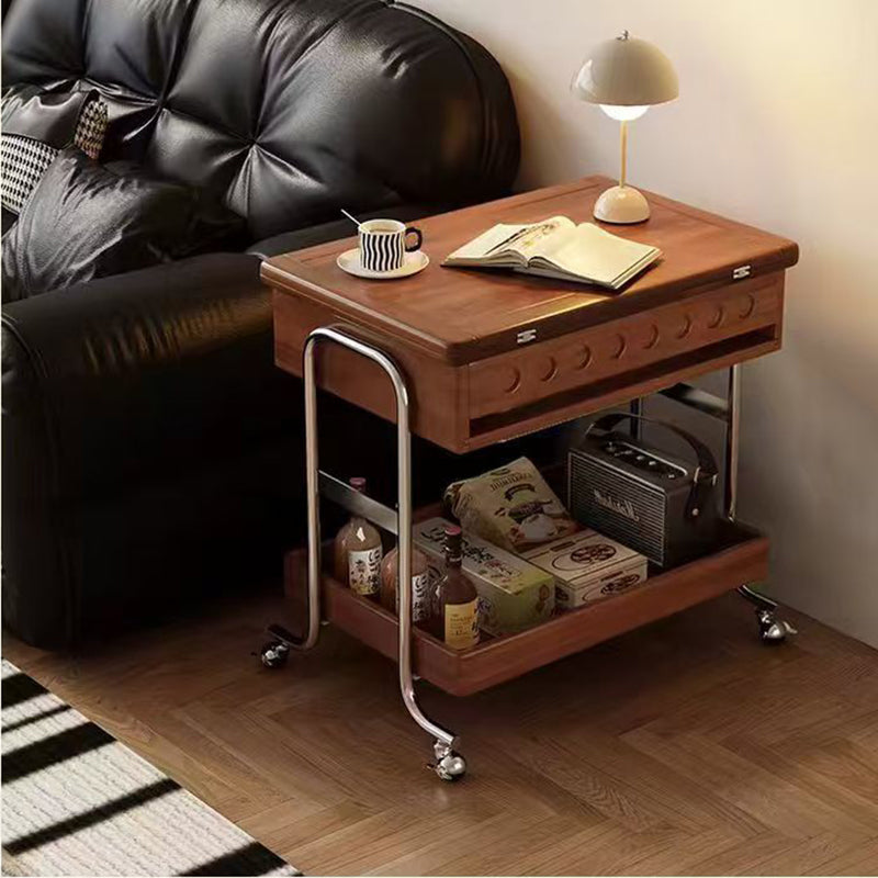 Traditional Vintage Movable Rectangular Solid Wood Rubberwood Stainless Steel Foldable End Table 2-Tier For Living Room