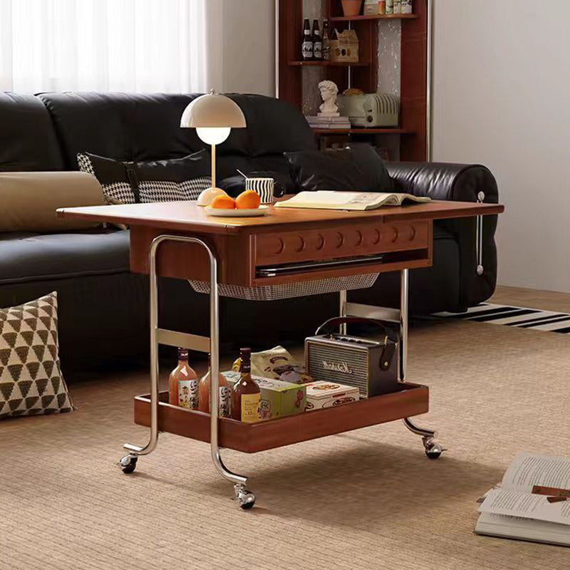 Traditional Vintage Movable Rectangular Solid Wood Rubberwood Stainless Steel Foldable End Table 2-Tier For Living Room
