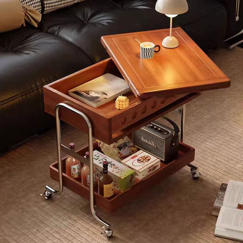 Traditional Vintage Movable Rectangular Solid Wood Rubberwood Stainless Steel Foldable End Table 2-Tier For Living Room