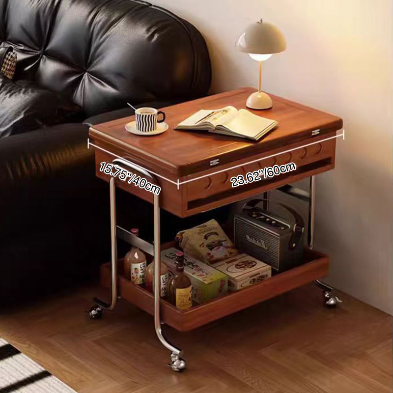 Traditional Vintage Movable Rectangular Solid Wood Rubberwood Stainless Steel Foldable End Table 2-Tier For Living Room