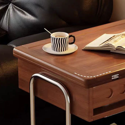 Traditional Vintage Movable Rectangular Solid Wood Rubberwood Stainless Steel Foldable End Table 2-Tier For Living Room