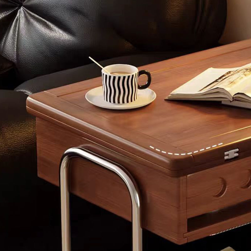 Traditional Vintage Movable Rectangular Solid Wood Rubberwood Stainless Steel Foldable End Table 2-Tier For Living Room