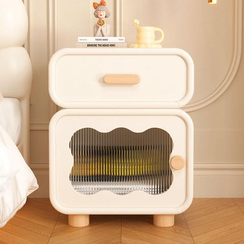 Contemporary Nordic Wavy Rectangular Solid Wood Multi-Layer Board Microfiber Leather Glass Nightstand 1-Drawer For Bedroom