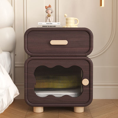 Contemporary Nordic Wavy Rectangular Solid Wood Multi-Layer Board Microfiber Leather Glass Nightstand 1-Drawer For Bedroom