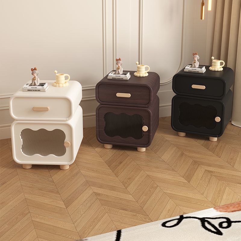 Contemporary Nordic Wavy Rectangular Solid Wood Multi-Layer Board Microfiber Leather Glass Nightstand 1-Drawer For Bedroom