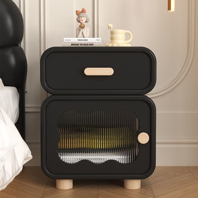 Contemporary Nordic Wavy Rectangular Solid Wood Multi-Layer Board Microfiber Leather Glass Nightstand 1-Drawer For Bedroom