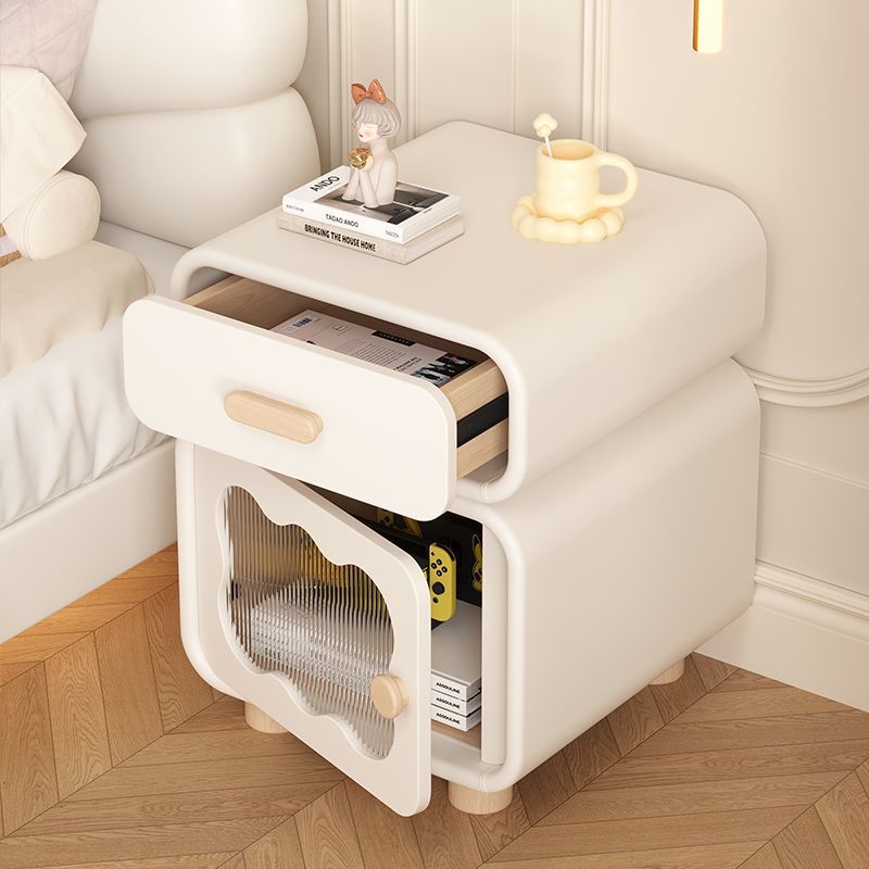 Contemporary Nordic Wavy Rectangular Solid Wood Multi-Layer Board Microfiber Leather Glass Nightstand 1-Drawer For Bedroom