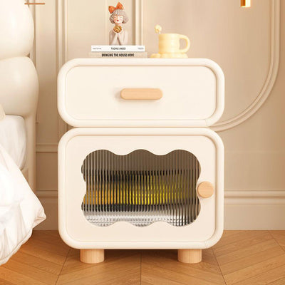 Contemporary Nordic Wavy Rectangular Solid Wood Multi-Layer Board Microfiber Leather Glass Nightstand 1-Drawer For Bedroom