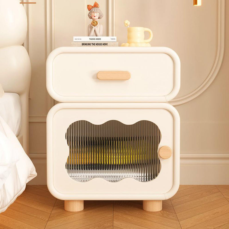 Contemporary Nordic Wavy Rectangular Solid Wood Multi-Layer Board Microfiber Leather Glass Nightstand 1-Drawer For Bedroom
