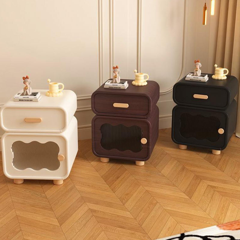 Contemporary Nordic Wavy Rectangular Solid Wood Multi-Layer Board Microfiber Leather Glass Nightstand 1-Drawer For Bedroom