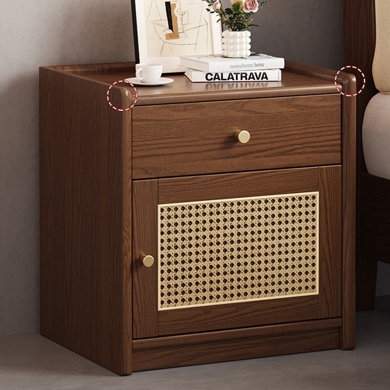 Modern Minimalist Square Rubberwood Steel Rattan Weaving Safe Deposit Box Nightstand 1-Drawer For Bedroom