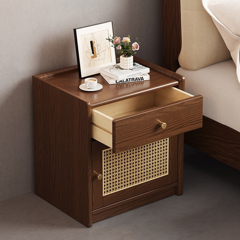 Modern Minimalist Square Rubberwood Steel Rattan Weaving Safe Deposit Box Nightstand 1-Drawer For Bedroom