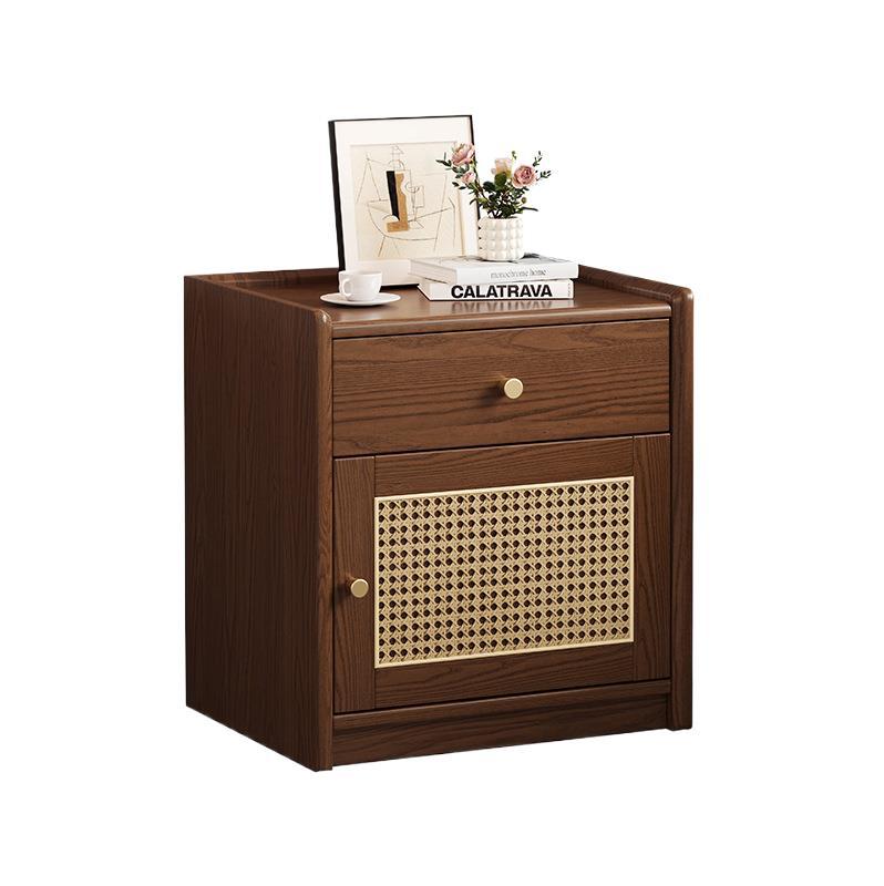 Modern Minimalist Square Rubberwood Steel Rattan Weaving Safe Deposit Box Nightstand 1-Drawer For Bedroom