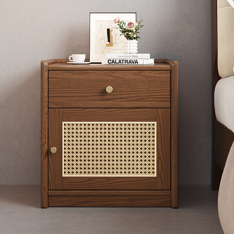 Modern Minimalist Square Rubberwood Steel Rattan Weaving Safe Deposit Box Nightstand 1-Drawer For Bedroom