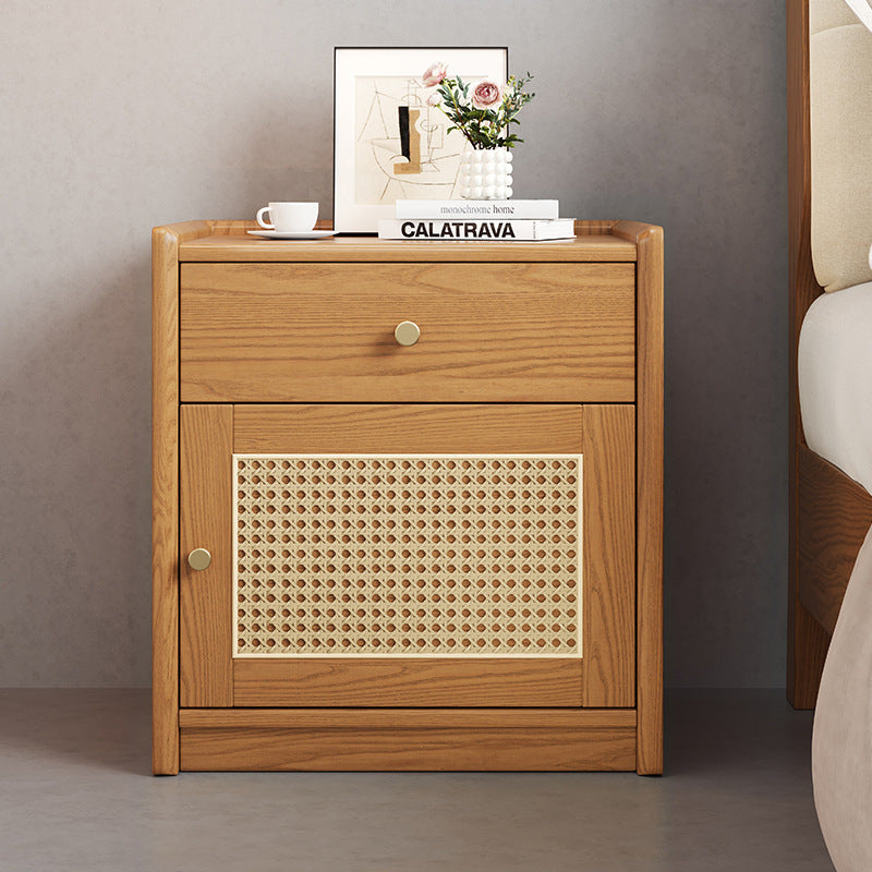 Modern Minimalist Square Rubberwood Steel Rattan Weaving Safe Deposit Box Nightstand 1-Drawer For Bedroom