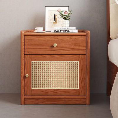 Modern Minimalist Square Rubberwood Steel Rattan Weaving Safe Deposit Box Nightstand 1-Drawer For Bedroom