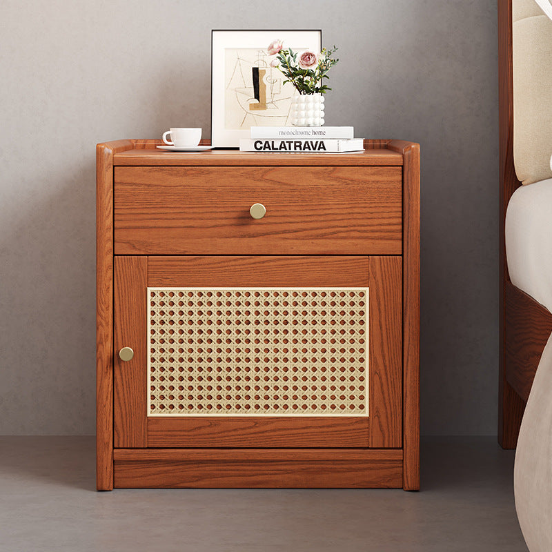 Modern Minimalist Square Rubberwood Steel Rattan Weaving Safe Deposit Box Nightstand 1-Drawer For Bedroom