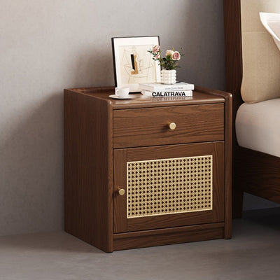 Modern Minimalist Square Rubberwood Steel Rattan Weaving Safe Deposit Box Nightstand 1-Drawer For Bedroom