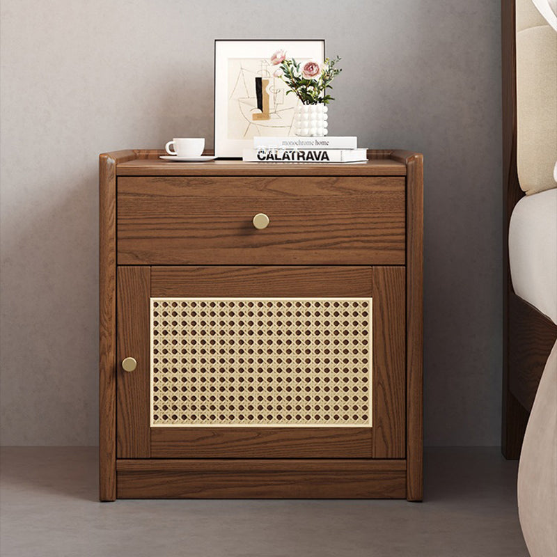 Modern Minimalist Square Rubberwood Steel Rattan Weaving Safe Deposit Box Nightstand 1-Drawer For Bedroom