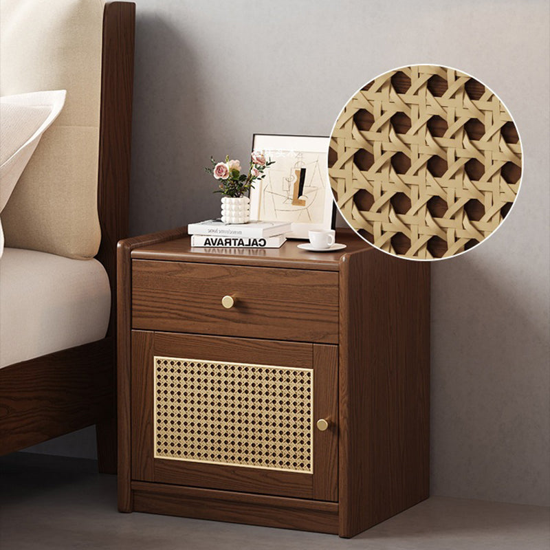 Modern Minimalist Square Rubberwood Steel Rattan Weaving Safe Deposit Box Nightstand 1-Drawer For Bedroom