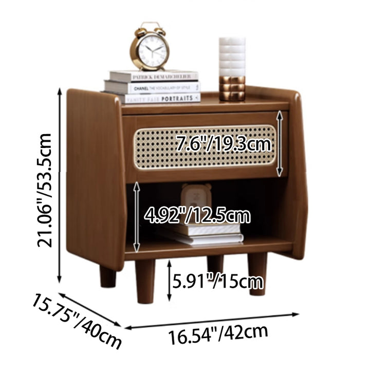Traditional Rustic Square Rubberwood Plywood Plastic Rattan Weaving Nightstand 1-Drawer For Bedroom