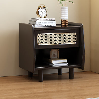 Traditional Rustic Square Rubberwood Pine Wood Plastic Rattan Weaving Nightstand 1-Drawer For Bedroom
