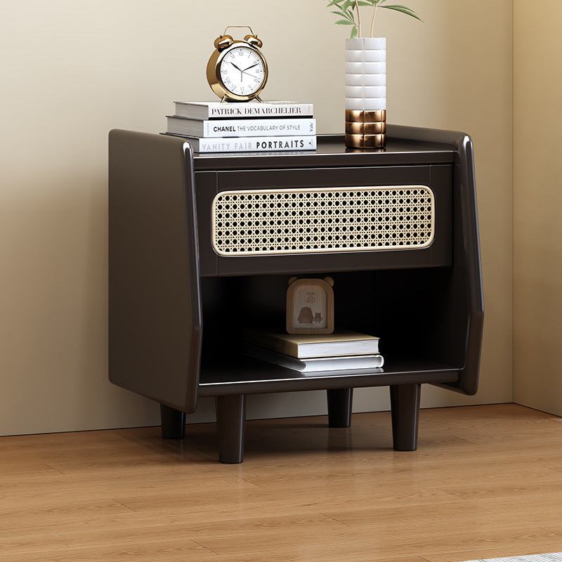 Traditional Rustic Square Rubberwood Pine Wood Plastic Rattan Weaving Nightstand 1-Drawer For Bedroom